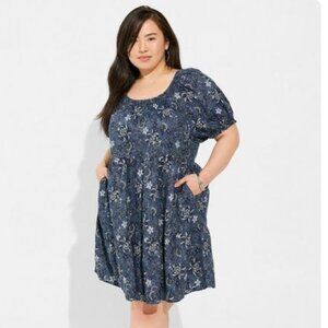 torrid  Mini Chambray Puff Sleeve Smocked Dress NWT